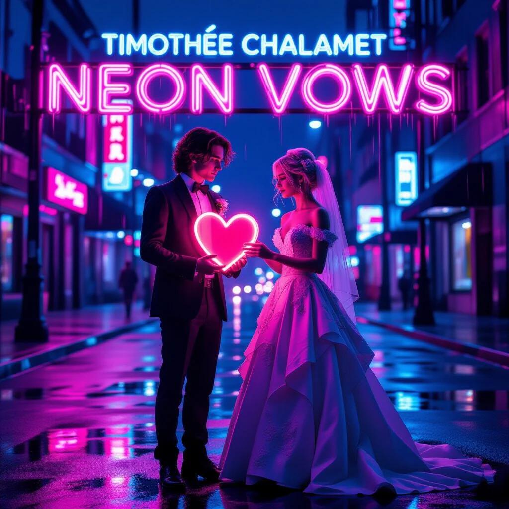 Movie poster for NEON VOWS featuring Timothée Chalamet and Hunter Schafer. Flickering neon font in hot pink and blue. Timothée holds a glowing heart sign beside Hunter in a tattered punk wedding gown. Neon-lit street scene in a synthwave cityscape.