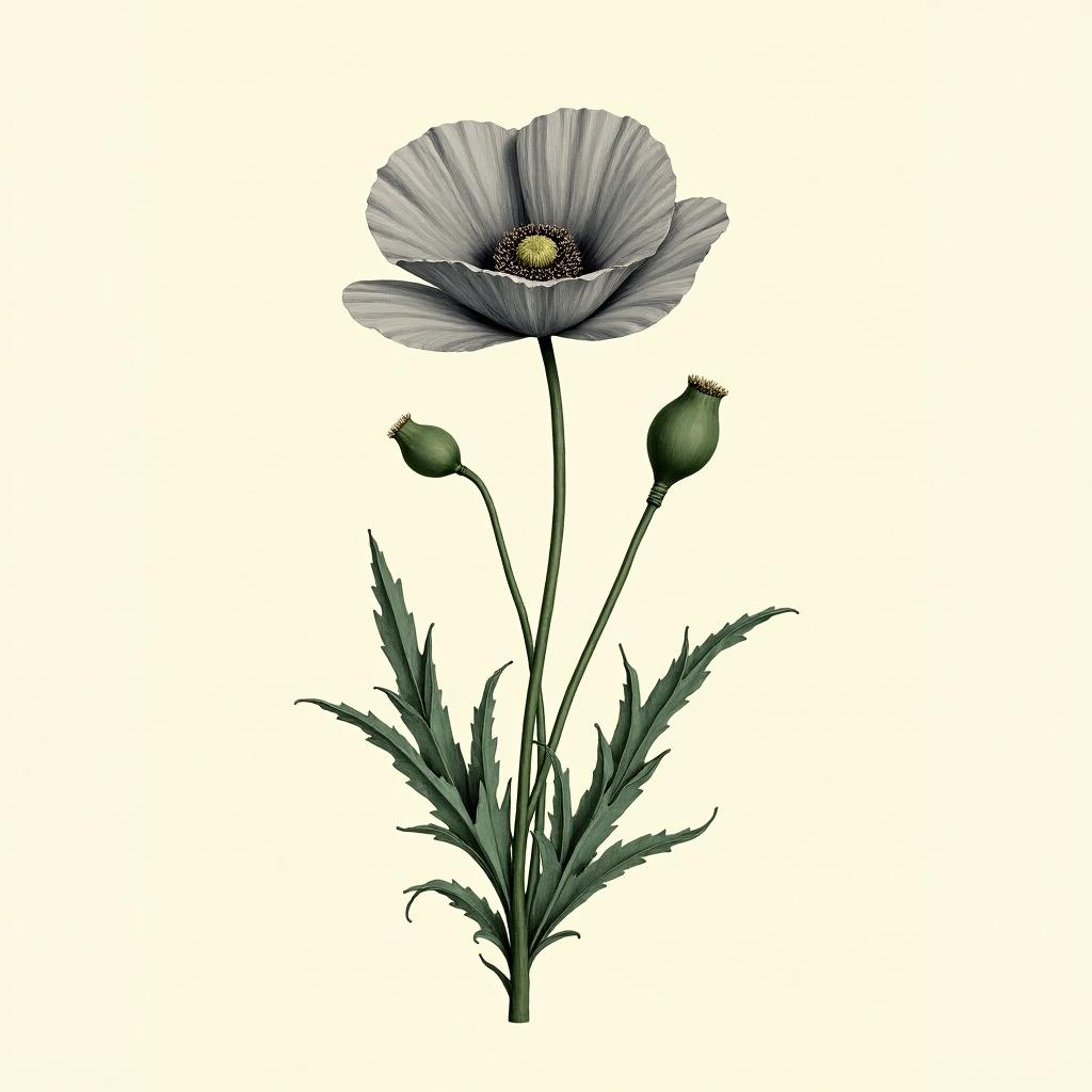 Vintage botanical print featuring a poppy variety called 'amazing grey'. The illustration shows a single flower with buds and leaves. It emphasizes detailed features of the plant in a classic style.