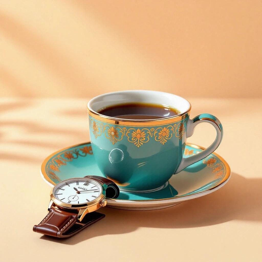 A luxury coffee cup and saucer in royal colors with artistic patterns. A cup of coffee and a wristwatch on a peach background with soft shadows.