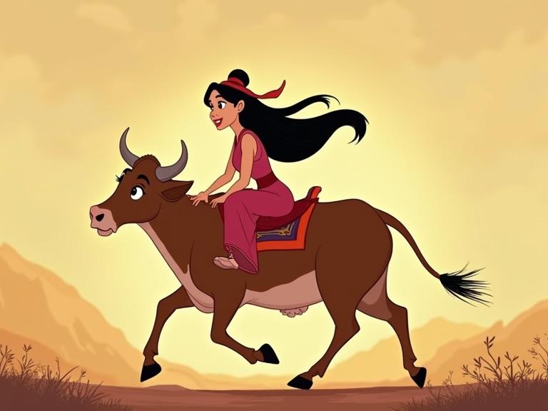 Mulan rides a happy cow on a peaceful day. The scene depicts gentle movements and a warm atmosphere. Mulan appears joyful and the cow is content.