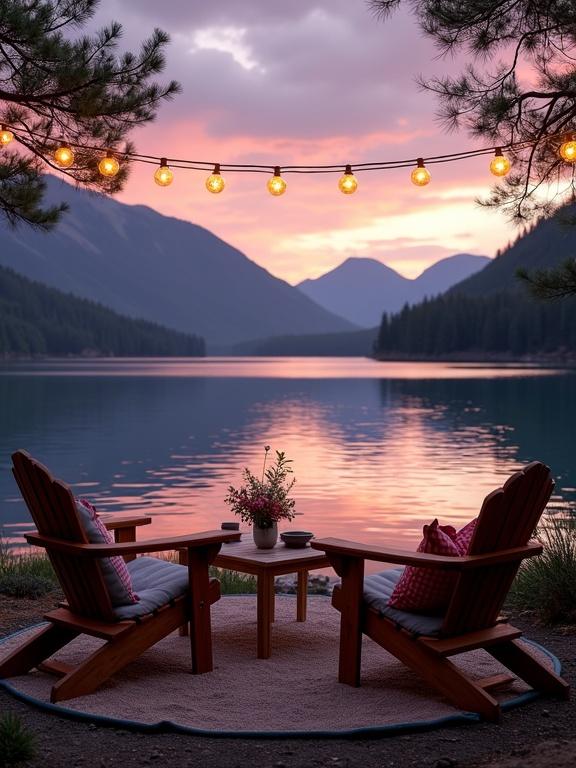 Tranquil lakeside retreat during sunset. Peaks in background reflect colors in calm lake. Two wooden chairs with cushions in the foreground. String lights above create warmth. Decor includes flowers and a book on a table.