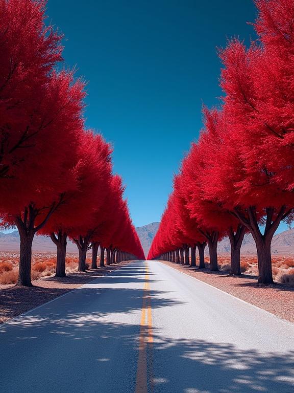 A road stretches into the distance flanked by vibrant crimson trees. The desert landscape is visible on both sides. The sky above is bright blue. The road is light gray, contrasting with the deep red of the foliage.