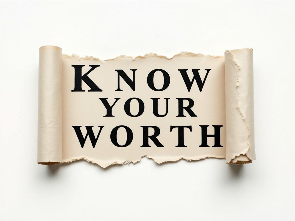 This concept features the phrase 'KNOW YOUR WORTH' prominently displayed. The text is bold and powerful, conveying a strong motivational message. The background is a soft, neutral color to allow the text to stand out. A torn paper effect is applied to visually create a sense of unveiling or revelation. This artistic presentation emphasizes the importance of self-value and confidence.