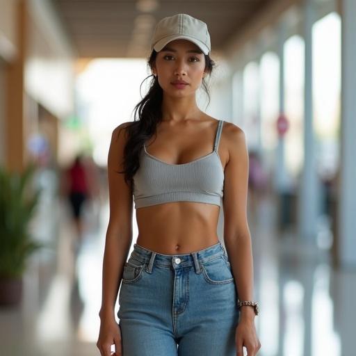 A full body front view photo of a tall curvy hourglass beautiful tanned Indonesian woman. She has slight abs and is in a mall. She wears undersized clothes: a skin-tight crop top, short jeans, and a baseball cap. Her hair is in a ponytail.