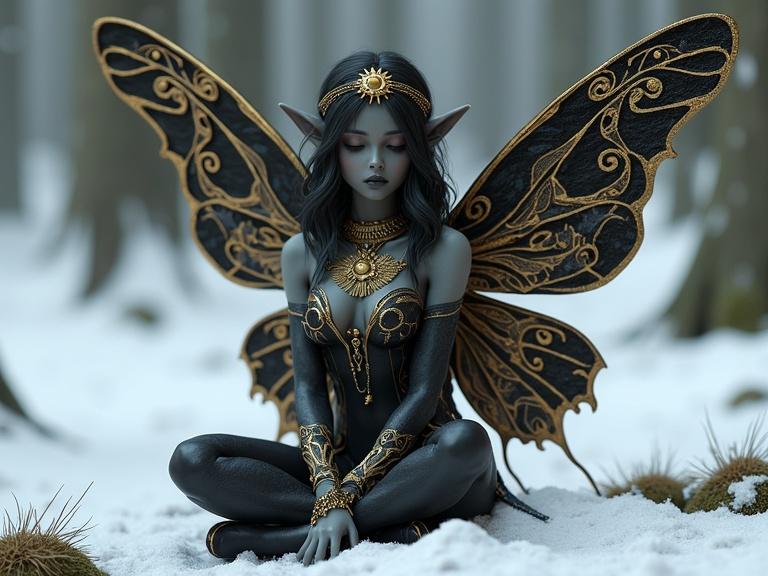 A dark fairy with black and gold butterfly wings is seated on snow. She has pointed ears and closed eyes. Her skin is grayish-blue with dark hair in curls. She wears intricate gold jewelry and a dark garment with golden patterns. Snow covers the ground with patches of moss. The background is a blurred snowy forest.