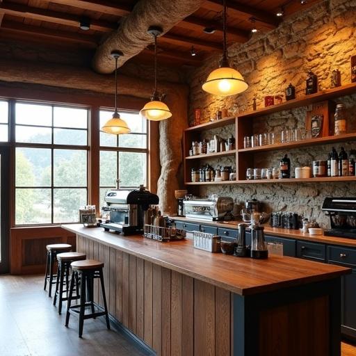 Stylish coffee shop with wooden bar serving coffee. Soft warm lighting from pendant lamps hangs above. Shelves filled with various coffee supplies are visible. Large windows offer an outside view. Walls made of exposed rock and timber aesthetics reflect country western style.