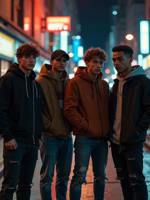 A group of young men stands confidently together in a modern New York street. The scene is set at night under flickering streetlights. They wear hoodies and ripped jeans. The atmosphere feels stylish and contemporary, reflecting urban life.