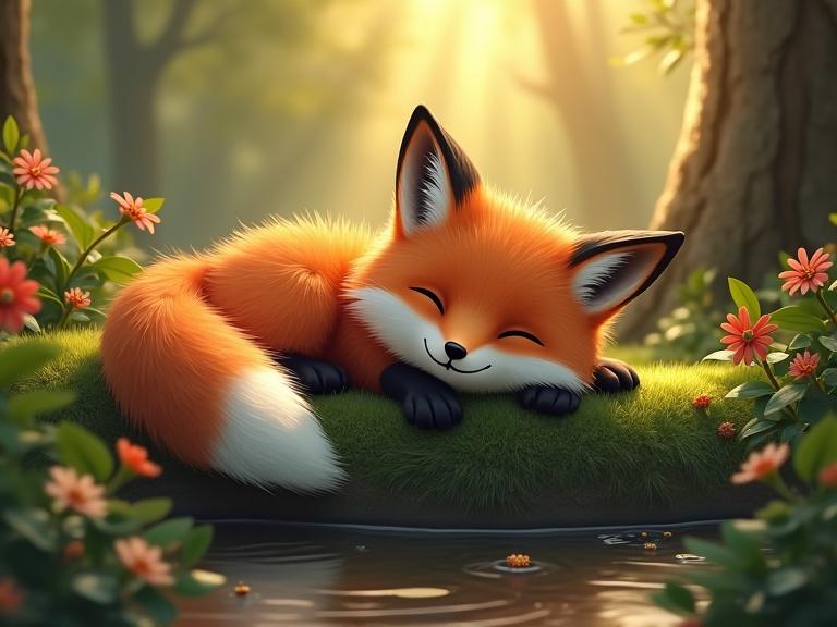 A serene fox lounging in a cozy natural setting with its eyes half-closed, fur soft and fluffy, resting on a moss-covered log amidst vibrant greenery. The background has earthy tones and a sunset glow, contributing to a calm and peaceful mood.