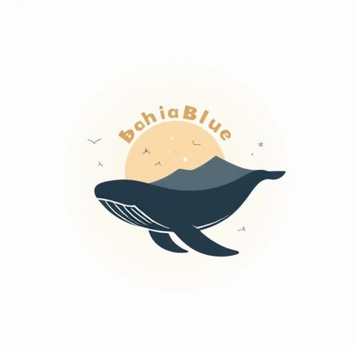 Minimalist logo design for BahiaBlue featuring a streamlined whale. Whale composed of a smooth gradient from black to white. Stylized mountain and ocean wave integrated in the design. Simplified sun with rays above the whale. Clean white background enhances clarity.