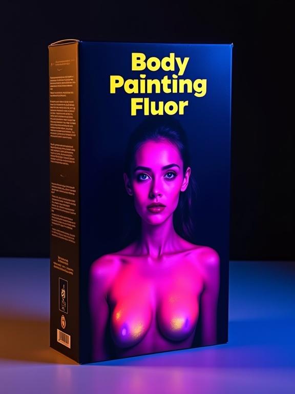 Dark vertically oriented product box with the title Body Painting Fluor in bold yellow letters. The cover showcases a young woman with vivid fluorescent paint elegantly displayed in shades of violet and pink. The background is a dark solid color.