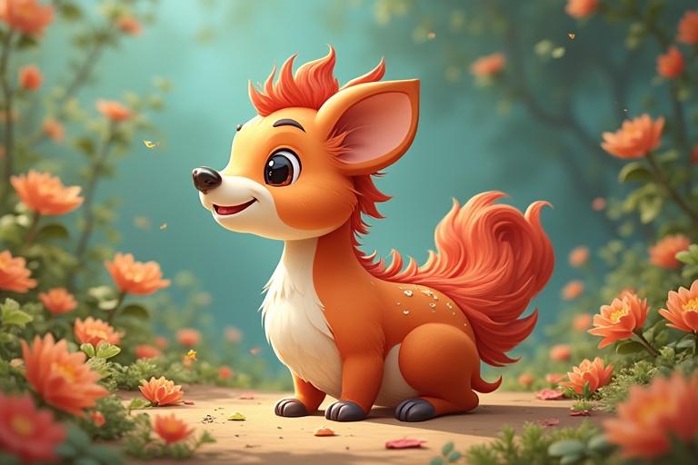 A cartoon fox with vibrant orange fur sitting among colorful flowers in a whimsical forest setting. The fox has big ears and a cheerful expression. The background features a dreamy, soft-focus effect with light filtering through foliage.