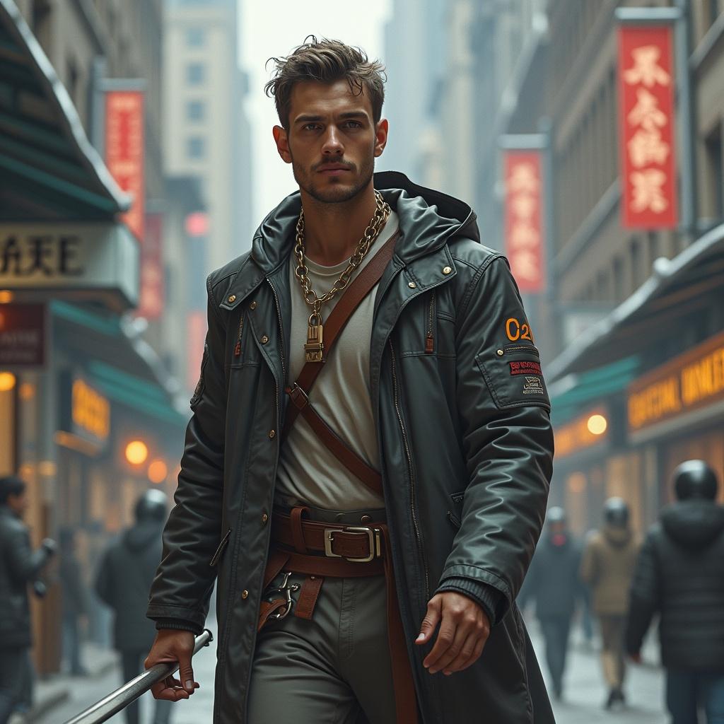 A male model in a modern outfit walks through a city street. The model wears a long, stylish coat and has a confident expression. The background features urban architecture with shops and street signs. A foggy atmosphere enhances the mood.