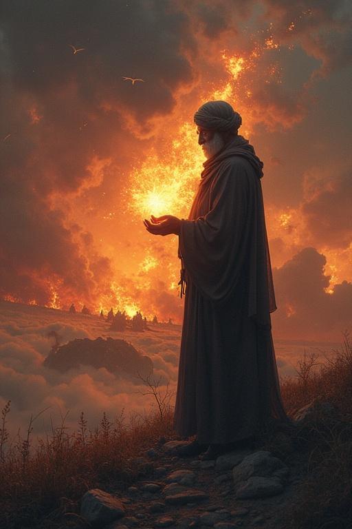 A serene figure in traditional attire holds their hands out against a dramatic fiery landscape. The scene evokes a sense of peace amidst chaos. The sky is filled with orange flames and dark clouds, creating a mystical atmosphere.