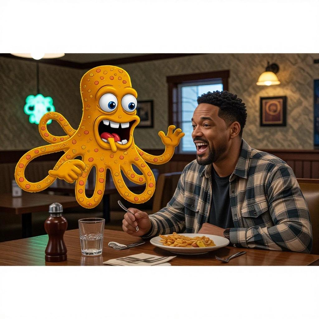 A cartoon octopus engages with a man in a restaurant. The man is seated at a table with fries and a glass of water. The octopus is colorful and animated, creating a playful atmosphere.