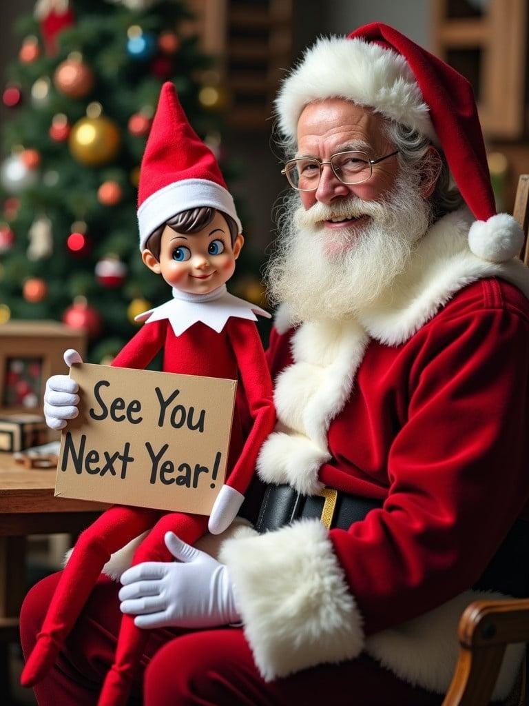 Santa Claus wearing a traditional red outfit next to an elf dressed in red. The elf holds a sign saying 'See You Next Year.' The background has a Christmas tree and decorations.