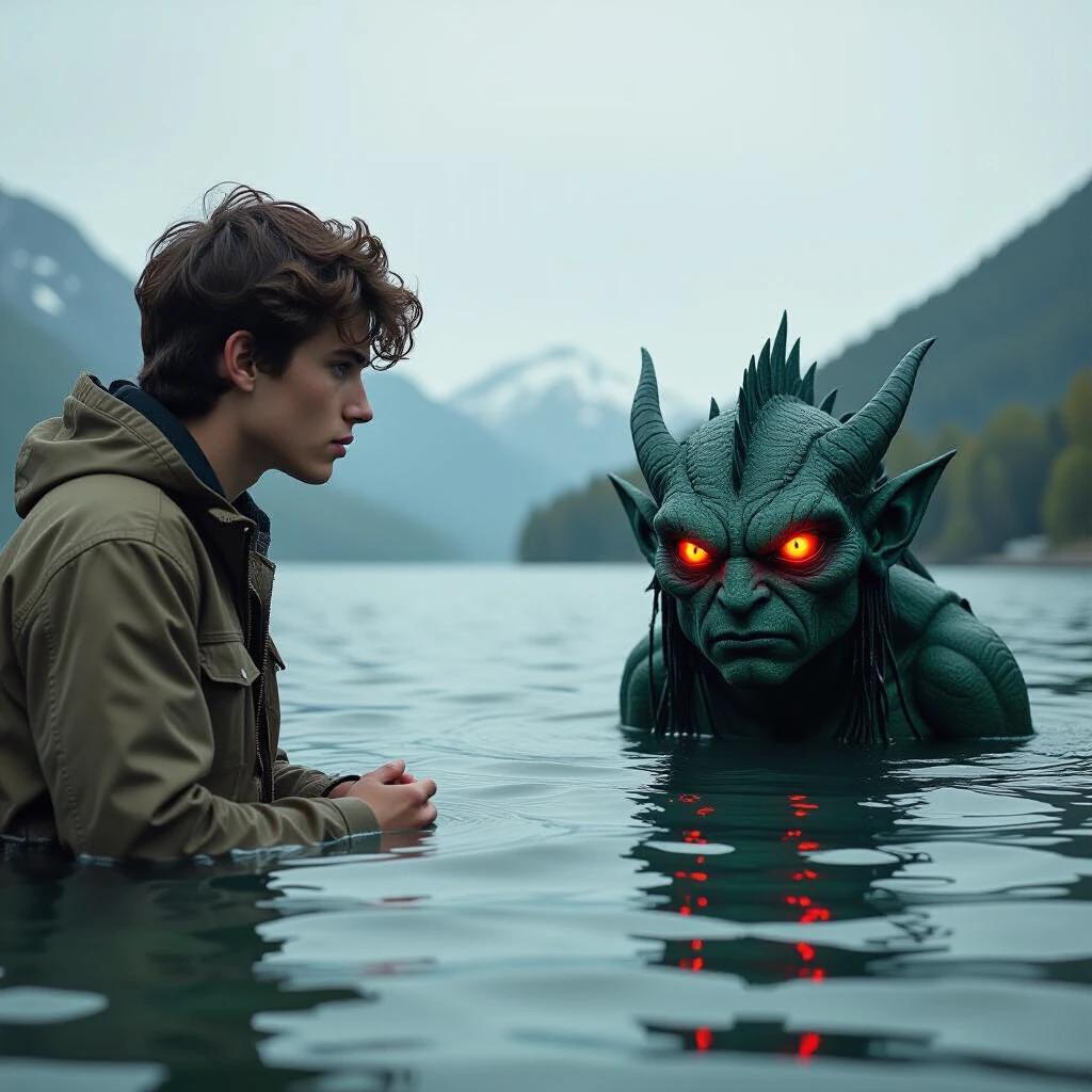 A young man watches a lake where an intriguing creature emerges. The creature has bright red eyes and a mystical appearance. The scene is set in a natural landscape with mountains in the background.