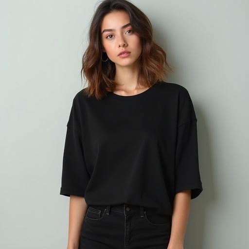 A woman is posing for a photo. She wears a basic black unisex shirt with sleeves. The shirt is plain without print. The shot captures her full body.
