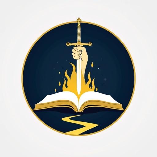 Design minimalist circular logo for a Pentecostal Evangelical church called Camino de Santidad. Include the text 'CAMINO DE SANTIDAD' in bold modern letters. Add 'Iglesia Evangélica Pentecostal' in smaller size below. Central symbol is an open Bible with a divine hand delivering a flaming sword. Add subtle flames and stylized path at the bottom. Use clean lines and high contrast with a deep blue, gold, yellow, and white color palette. Include a thin golden circular border.