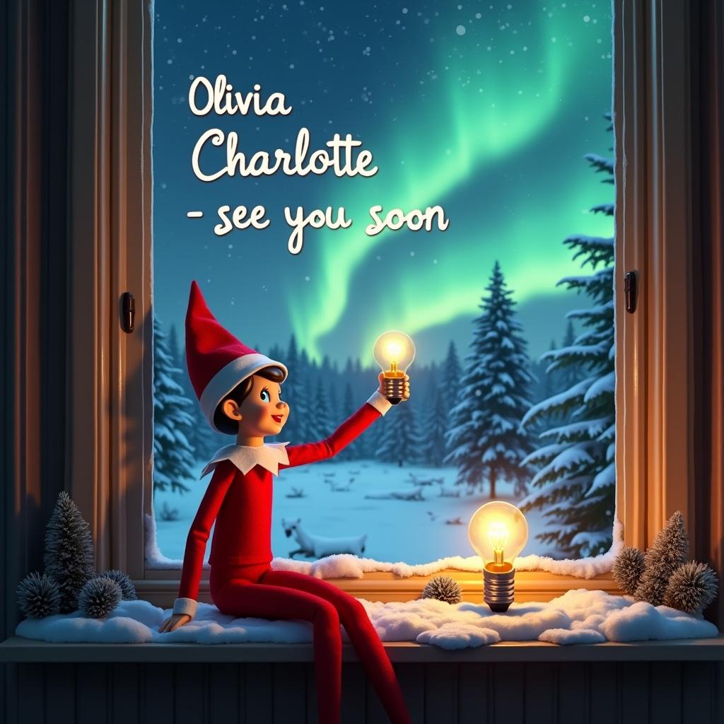 A cheerful elf on a shelf sits by a window during winter, gazing out at the stunning northern lights in the sky, holding a bright light bulb. The scene includes snow and holiday decorations on the window ledge. Surrounding view features snow-covered trees, enhancing the magical atmosphere of the scene. Handwritten text in the sky reads 'Olivia Charlotte - see you soon'.