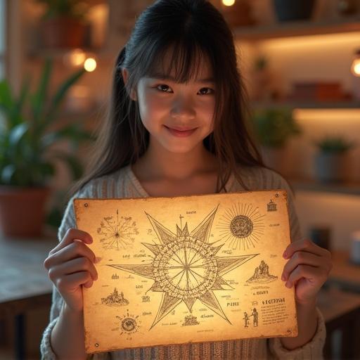 A youthful girl holding a star map. The girl smiles gently. Natural light creates a cozy atmosphere. She wears modern casual clothing. The setting is indoors with intricate details. The vibe is dreamy and magical.