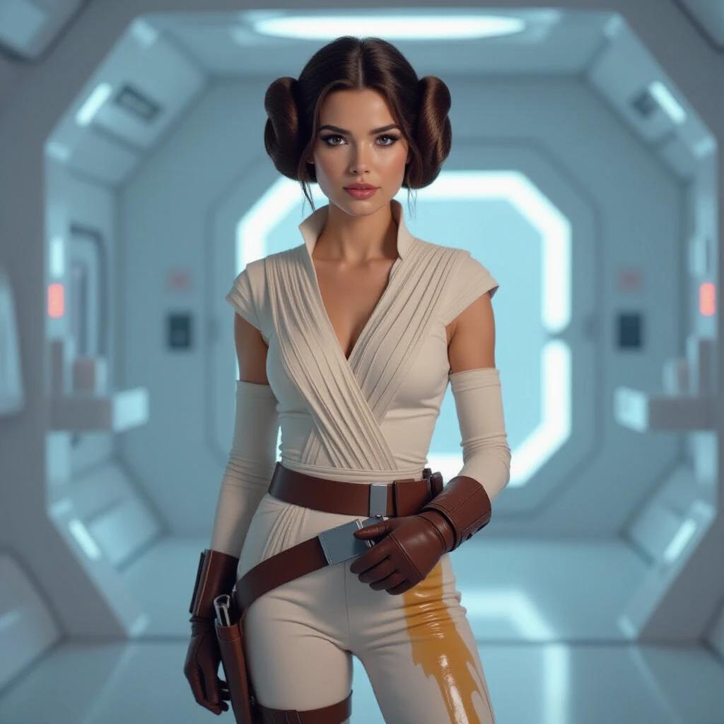 Star Wars character in a futuristic outfit with a wet stain. The character stands in a sci-fi environment. The outfit features brown accessories. The character is in a humorous situation.