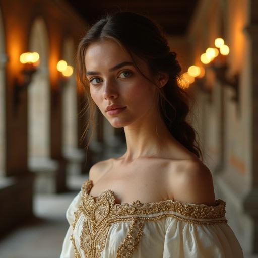 Elegant medieval fashion portrait featuring a young woman in an off-the-shoulder gown with intricate gold embroidery and sheer sleeves in a grand castle hallway with candlelight.