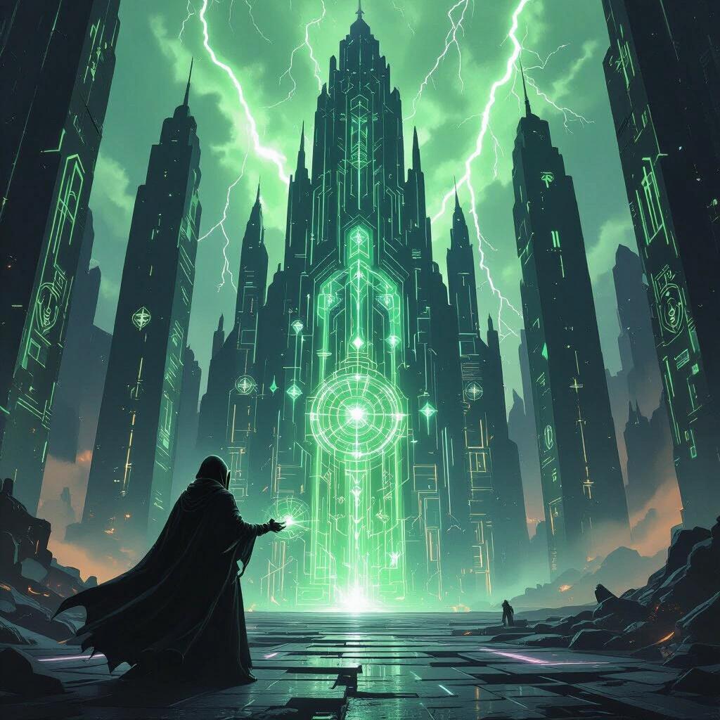 Obsidian cathedral combining technology and magic. Cloaked robot DJ creates music through holographic runes. Walls shift and warp with each beat. Green lightning illuminates a dead planet in the background.