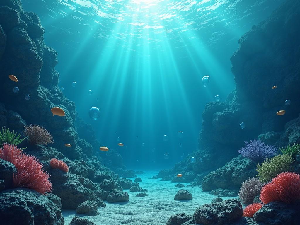 This image depicts a serene underwater environment filled with vibrant marine life. Rays of light break through the water's surface, illuminating coral formations. Colorful fish swim amidst the rocks and coral, adding life to the tranquil scene. The sandy ocean floor is dotted with rocks and aquatic plants, creating a rich ecosystem. This visually soothing underwater landscape captures the beauty of the ocean and its inhabitants.