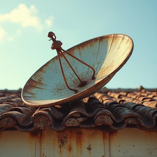 A rusty old satellite dish mounted on a roof. The dish has a weathered look. It is positioned at an angle against a clear blue sky. The roof has clay tiles and shows signs of age and wear.