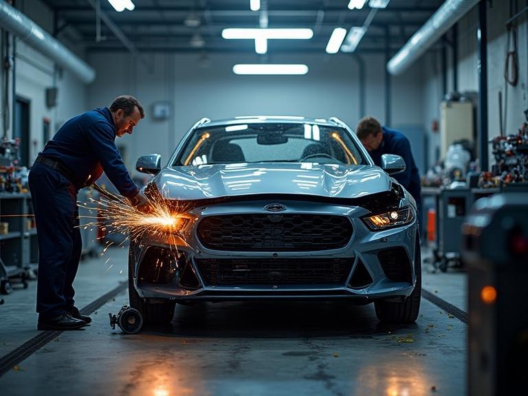 Professional auto body repair shop background featuring a damaged car being expertly repaired. Show technicians working with precision tools and welding sparks. Highlight modern frame straightening equipment and automotive parts. The atmosphere conveys craftsmanship and technical expertise. Photorealistic style with industrial workshop lighting and steel grays, blues, and warm lighting. High resolution.