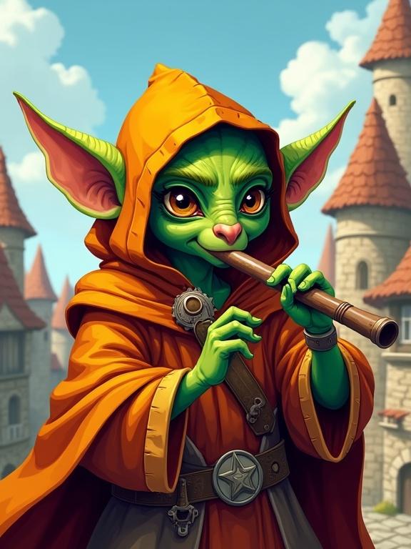 Goblin bard in a bright cloak holds a flute and plays. Features rough stylization with large circular eyes and thick outlines. Background includes a village with houses in flat design.