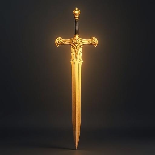 3D golden sword rendered on a dark background. The sword has an ornate hilt and a sharp blade. The display emphasizes the sword's grandeur.