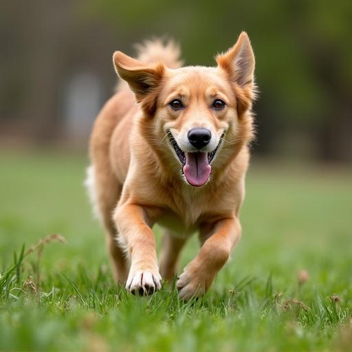 A happy dog running joyfully on the grass