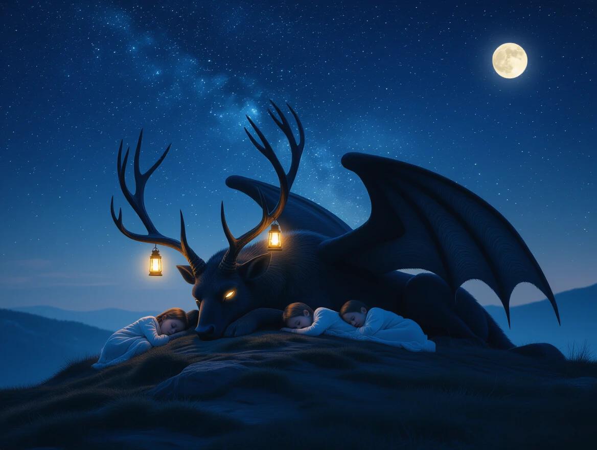 Shadowy winged beast resting on hilltop under starry sky. Antlers adorned with glowing lanterns. Sleeping children curled beside it. Light mist at feet. Soft moonlight. Peaceful atmosphere. Glowing eyes with calm expression. Photo-realistic, ultra-detailed. Low contrast night scene. Soft light. 85mm lens. Dreamy cinematic look.