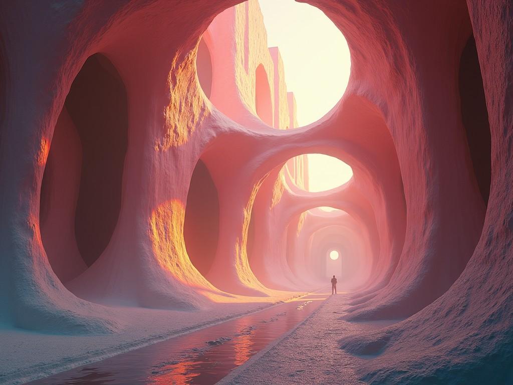 This image depicts an interdimensional realm known as Dimension Zero, a place where one can find peace of mind. Its mystical nature allows for variable orientation that contributes to the alien landscape. The color palette features ethereal shades of pink, orange, yellow, red, and blue reminiscent of a space nebula. The architecture forms a labyrinthine distortion that plays with time and space. The overall atmosphere evokes wonder and trepidation, hinting at spiritual evolution and encounters with the unknown. This artwork harmoniously blends elements of fantasy and science fiction.