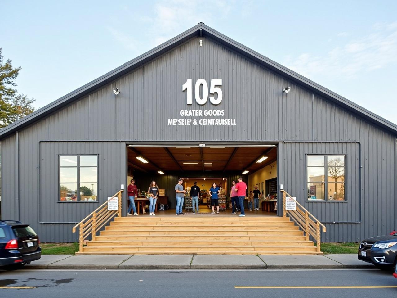 The image shows a large, modern warehouse structure with an open front. The warehouse features a high, peaked roof and large windows that allow natural light to flood in. A prominent number '105' is painted on the front wall, along with the words 'GRATER GOODS' and 'JUNK & DISORDERLY.' Inside, several people can be seen engaging in activities, indicating a lively atmosphere. There are wooden steps leading up to the entrance, and outside, parked cars are visible along the street. The setting appears to be a welcoming space, likely serving as a community hub or a marketplace.