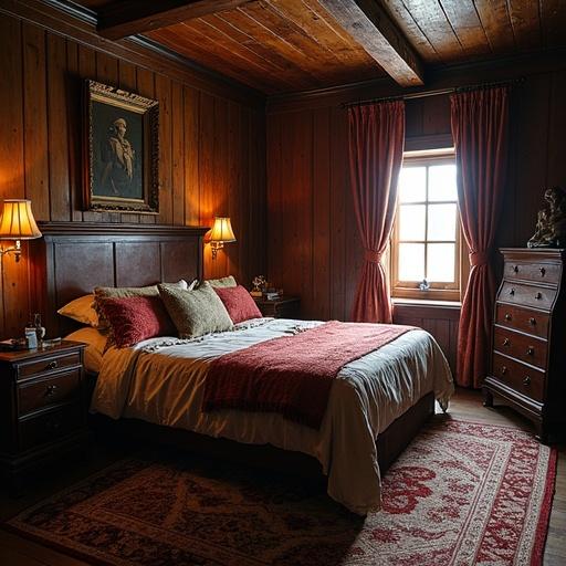 A bedroom inspired by Queen Anne’s Revenge ship. Rich wooden walls and antique furniture. A bed adorned with red and beige bedding set. Bedside lamps provide warm light. A painting of an authoritative figure on the wall. Heavy drapes frame the window.