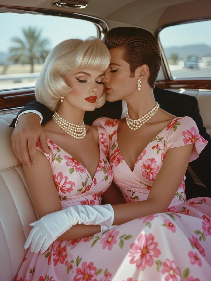 Vintage style portrait featuring couple in floral dresses inside a limo. 1960s aesthetic with classic fashion details. Intimate pose with kisses and soft lighting. Focus on model's beauty and vintage accessories.