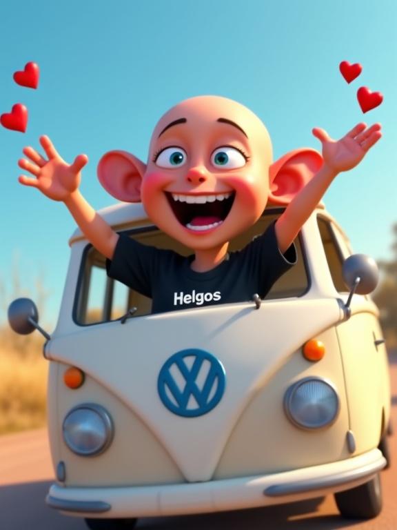 A bald man with a skinny face and large ears is sitting in a small white van. He wears a black t-shirt with the text Helgos. He is cartoon-style, inspired by Pixar. The man is waving happily with one hand and sending red heart emojis toward the camera with the other. His face is expressive and smiling. The van has the word Helgos written in blue on the side. The scene is set on a sunny day, with a blue sky. The scene is colorful and playful, with exaggerated proportions and vibrant lighting, creating a stylized 3D look.