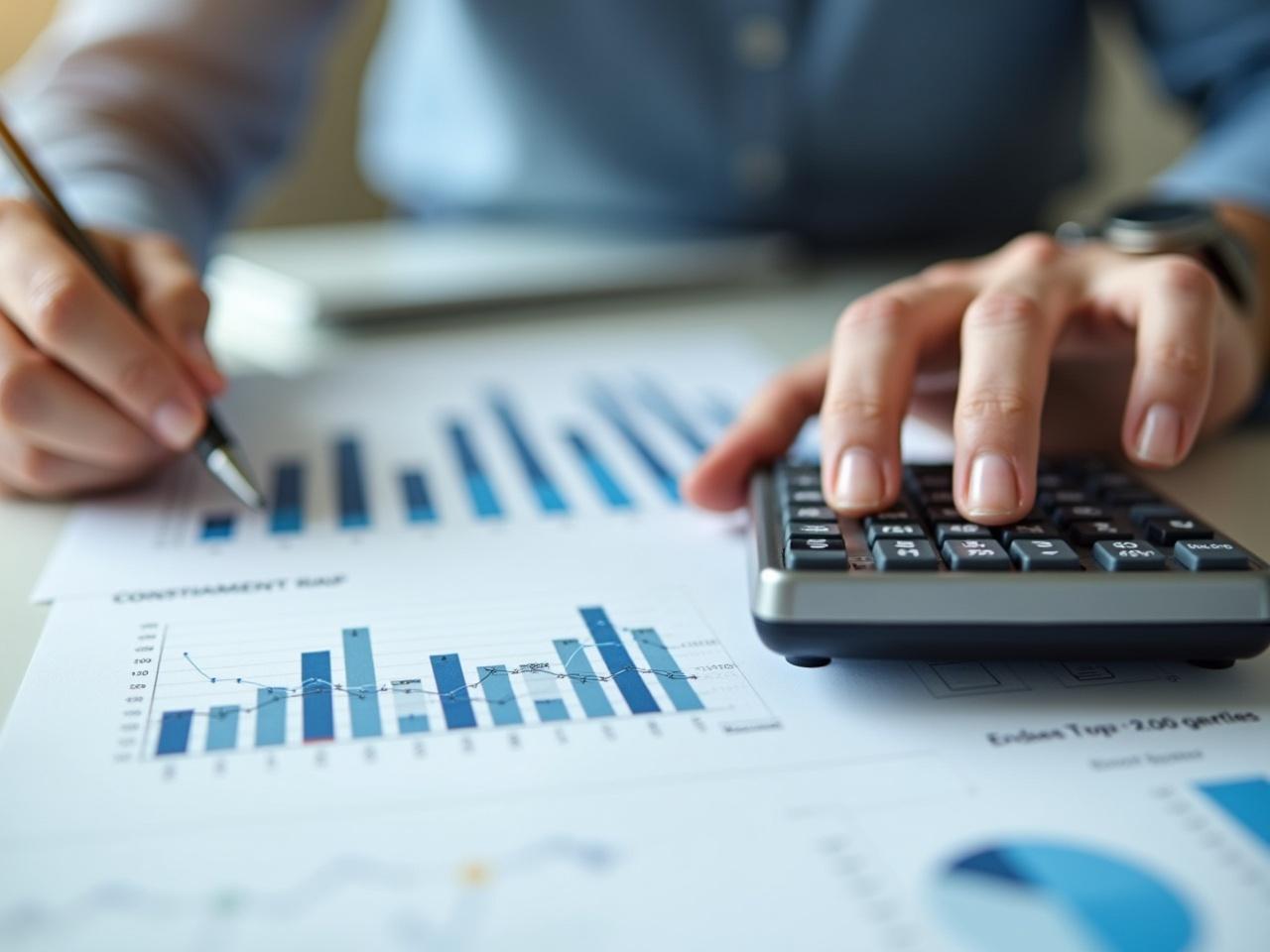 The image shows a person focused on analyzing financial charts laid out on a table. They hold a pen in their right hand while their left hand operates a calculator. Various bar graphs and line charts display key financial data, indicating market trends. The setting is professional with a neat appearance, emphasizing attention to detail in financial reporting. Soft natural light enhances the clarity of the documents and tools being used, creating an inviting atmosphere for analysis.