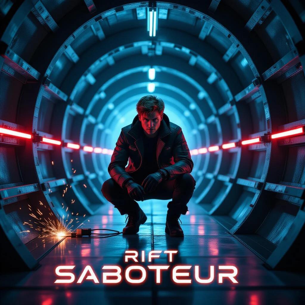 Crouched figure in a glowing sci-fi tunnel. Charges are set in the corridor. Sparks fly as the device is armed. Tension is created through vibrant vortex lighting. Motion blur effects are used to enhance the atmosphere.