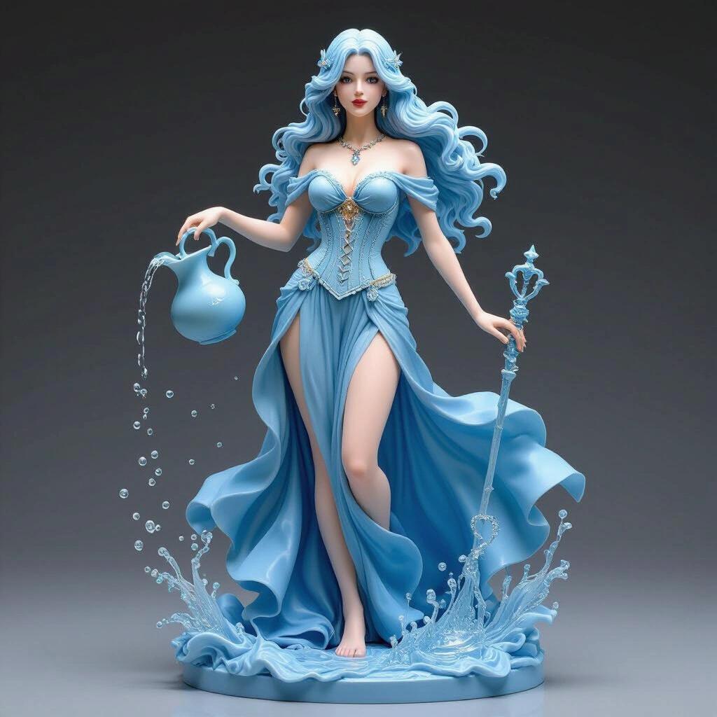 Ultra-detailed resin statue of celestial queen representing Aquarius zodiac sign. Figure has long light blue wavy hair. Wears a tight corset and a flowing blue dress. Holds a water jug on her hip pouring water. A magic staff touches the ground. Displays a curvaceous body and a seductive, powerful posture. Mystical and elegant style with high detail and intended for 3D printing.