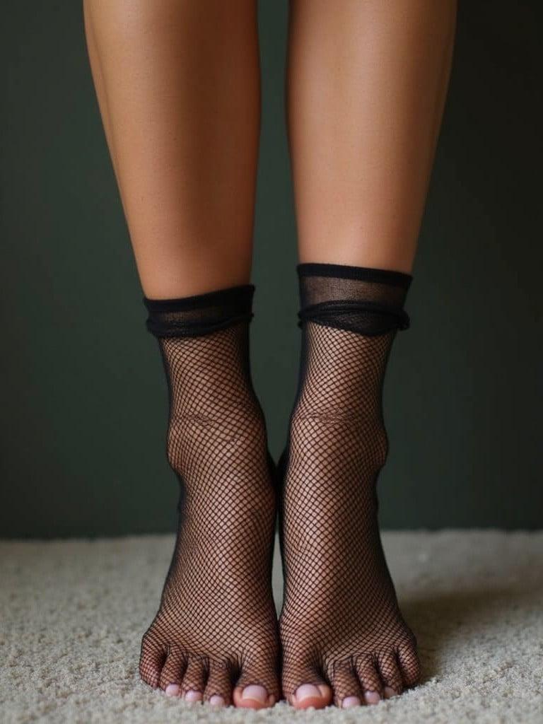 Female feet wearing black fishnet stockings. The feet are bare and well-groomed. The background is simple with a plush carpet and subtle green wall. The shot captures the lower legs and feet, focusing on the texture of the fishnet.