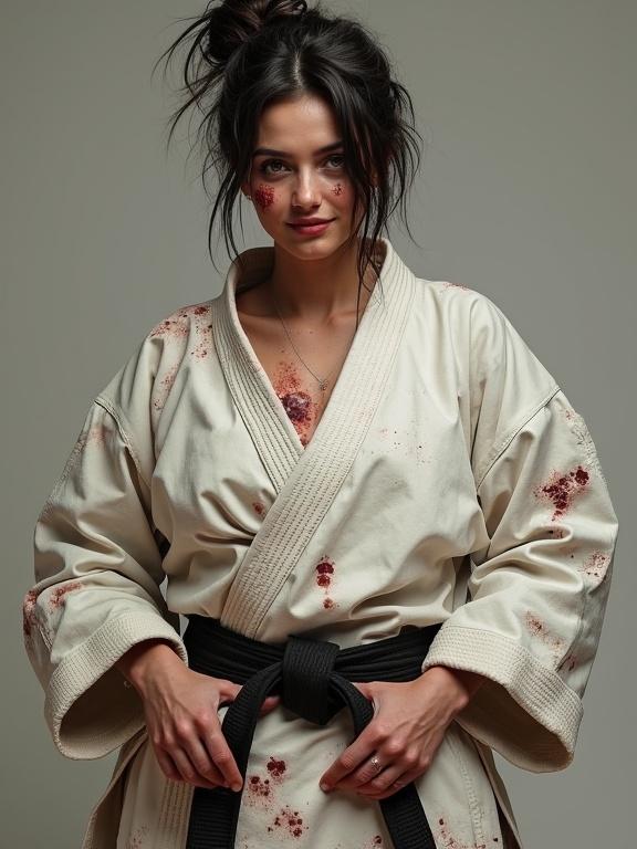 Athletic woman with asymmetrical hairstyle in ripped karate gi with blood smudges appears exhausted yet smiling. Heavy bruises on her face, hands on belt.