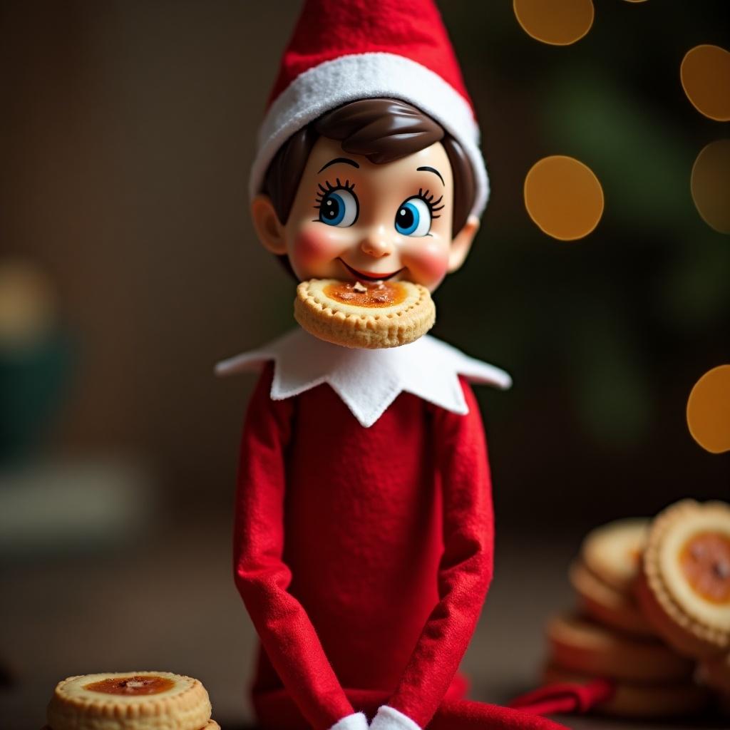 An elf on the shelf sits with a mouth full of mince pie. The elf is dressed in a red outfit with white accents. Focus on the festive atmosphere and warm lighting. The background has a cozy feel with holiday elements.