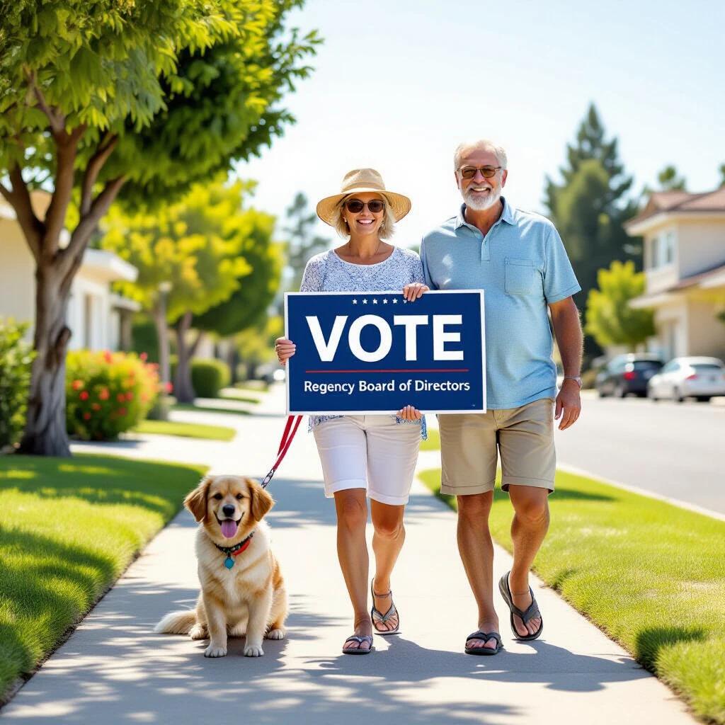 Couple walks on a sidewalk in a California neighborhood. Summer clothes and flip flops. Holding blue sign with small red letters saying 'Vote' and large white letters saying 'Regency Board of Directors'. Dog walks beside them.