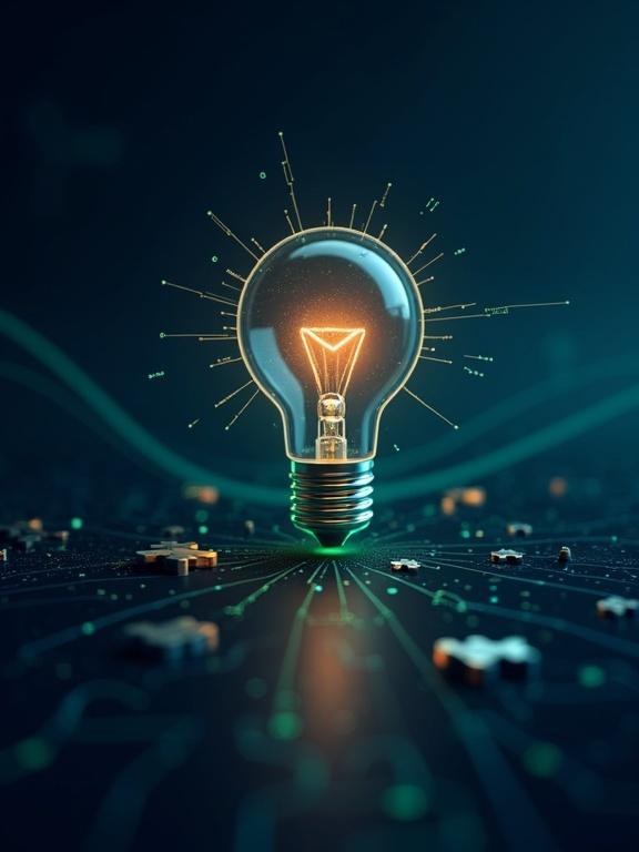 Futuristic representation of AI problem-solving with glowing lightbulb at the center. Lightbulb features digital connections and nodes. Background shows dark gradient with a grid pattern. Radiating lines in blue and teal create dynamism. Subtle puzzle pieces and glowing checkmarks add elements of solutions and successful fixes.