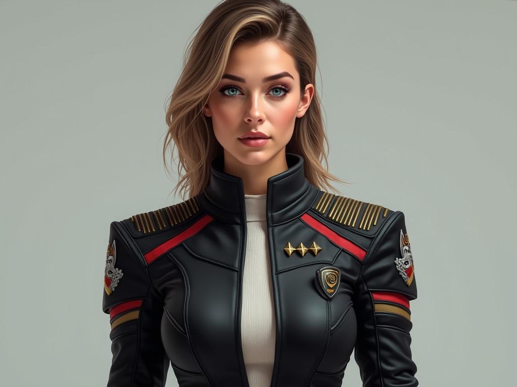 The image features a tall, athletic woman in her 30s wearing a realistic sci-fi military uniform. Her sandy brown hair is styled neatly, and she has darker eyebrows and striking blue-green eyes. The uniform consists of a black jacket made from a tough synthetic fabric with red stripes running from the chest to the sides. The jacket has padded shoulders and is worn over a white knit shirt with a flat collar, paired with matching black pants. Both sleeves of the jacket have red stripes near the wrists, and on each shoulder patch, the designs are simple yet clear, featuring a gold shield and sword on one side and a three-headed gray wolf cerberus on the other. Additionally, her left breast displays four small gold diamonds, indicating her rank as Captain, while a small gold comm badge shaped like a shield is positioned on her right breast.