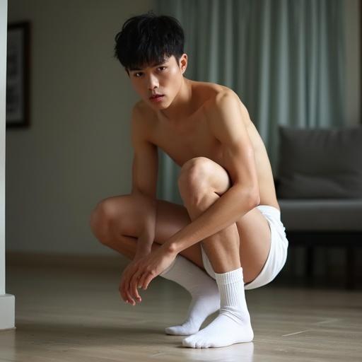 A young Chinese male with a skinny body. He wears white low cut socks. He is squatting on the wooden floor. The environment is bright and calming. The focus is on his pose.