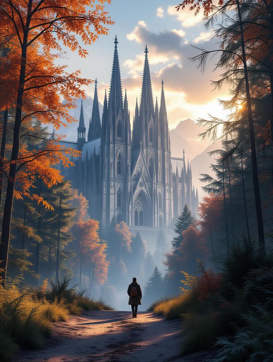 Majestic gothic cathedral in a fantasy forest. Towering spires with a lone traveler on a forest path. Vibrant autumn leaves surround icy blue foliage. Epic scale with volumetric light rays and a misty atmosphere. Ultra-detailed and cinematic composition. Soft godrays and glowing sky during golden hour.